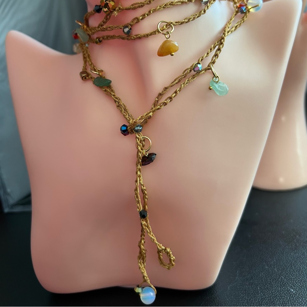 Handmade thread knitting Gold-Tone Multi-Gem super long Necklace. New